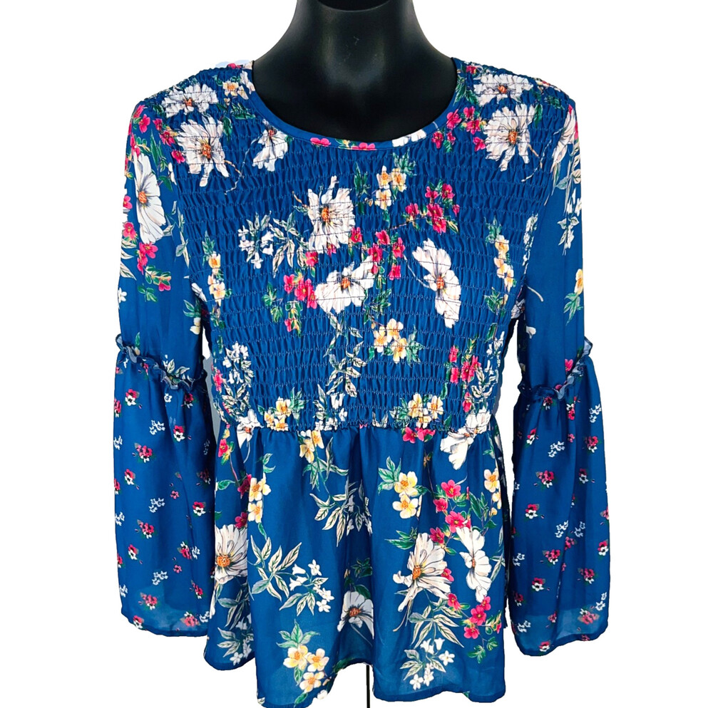 Self Esteem Peasant Top Womens L Smocked Peplum Dusty Blue Wildflower Floral